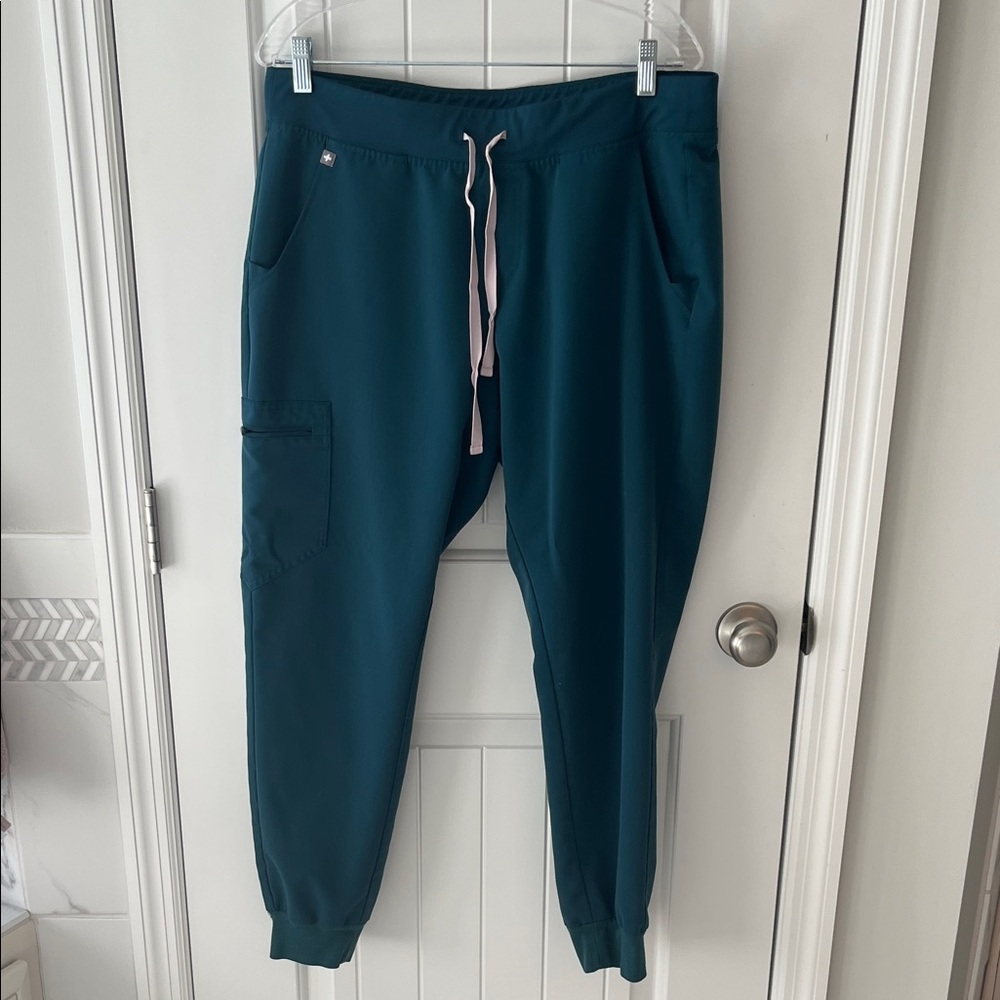 Figs Deep Teal Jogger Pants with Pink Drawstring